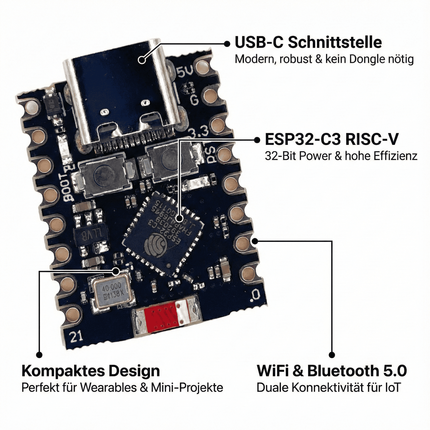 ESP32-C3 Mini Development Board – Wi-Fi & Bluetooth LE 5.0 – kompatibel mit Arduino & ESPHome