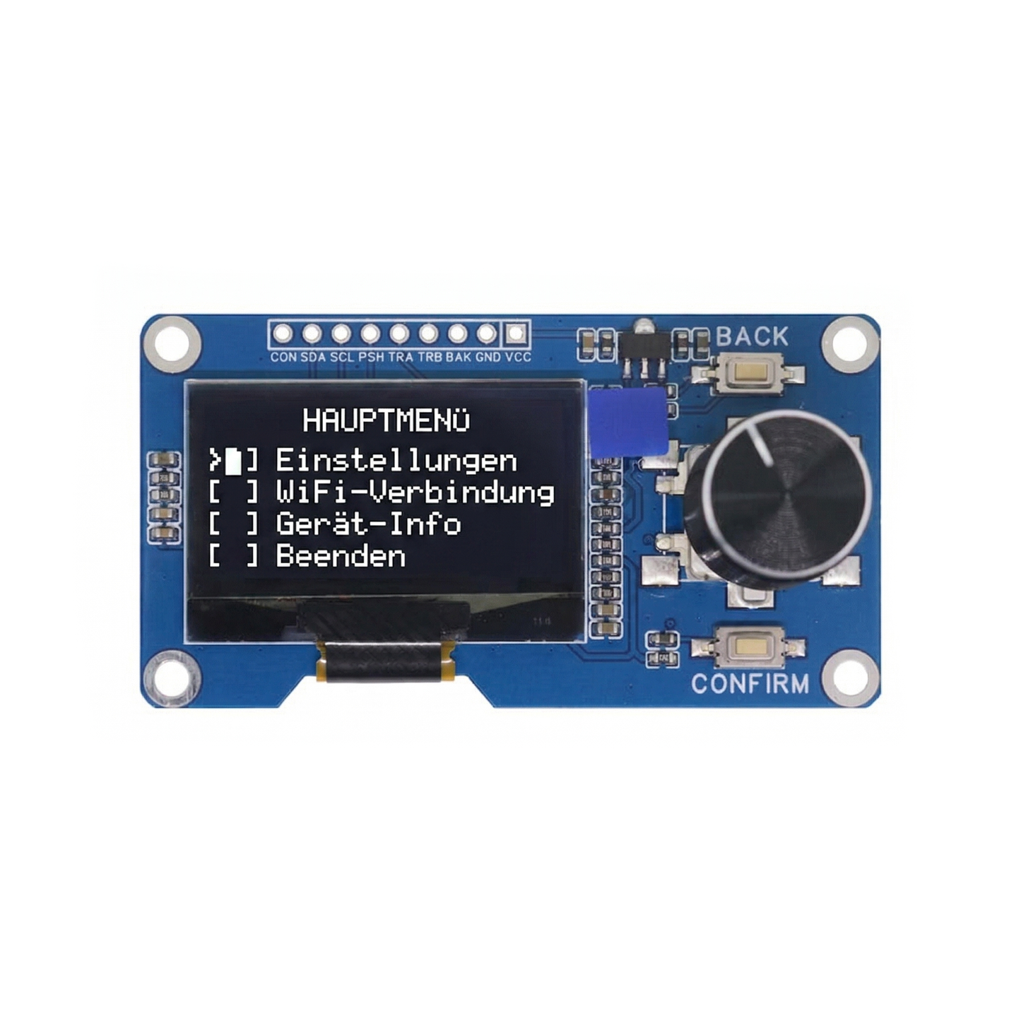 1,3 Zoll OLED Display in Weiß mit SH1106 Controller, EC11 Drehencoder und zwei Funktionstasten auf einer Platine